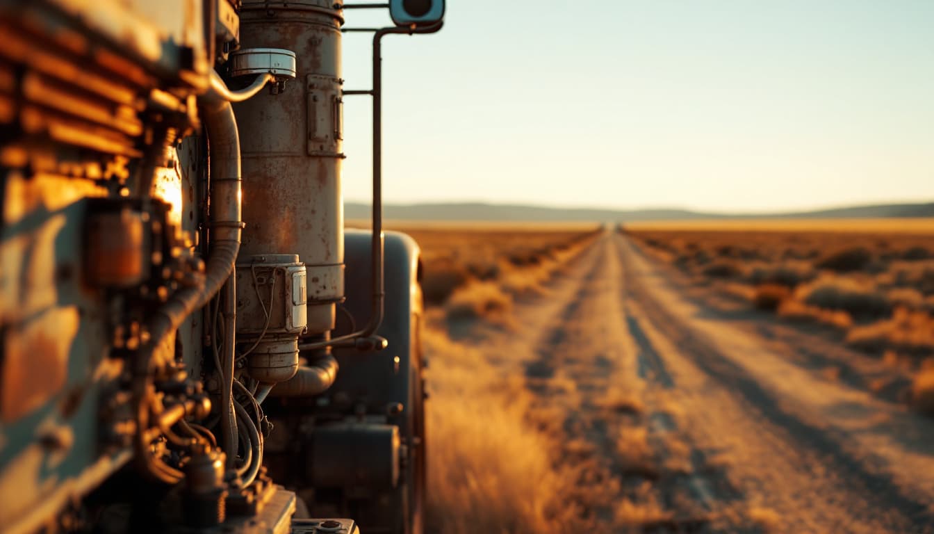 An older Ford Super Duty diesel work truck on a Texas ranch road at sunrise, ignition in focus