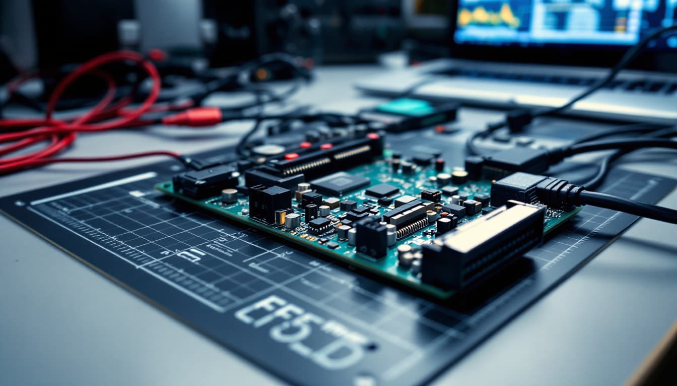 Automotive powertrain control module circuit board on a bench next to diagnostic programming equipment