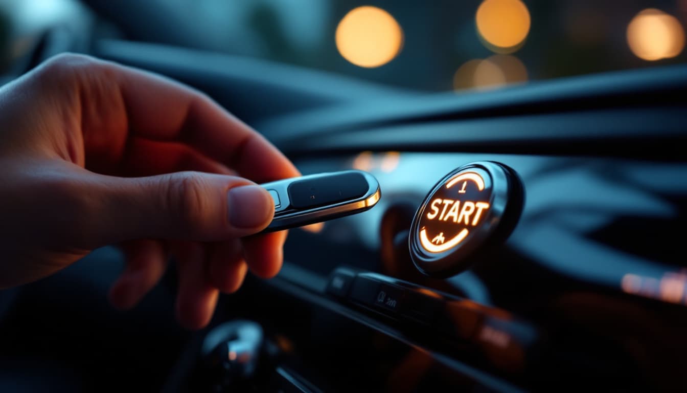 A proximity smart key fob held near a push-button ignition inside a modern car