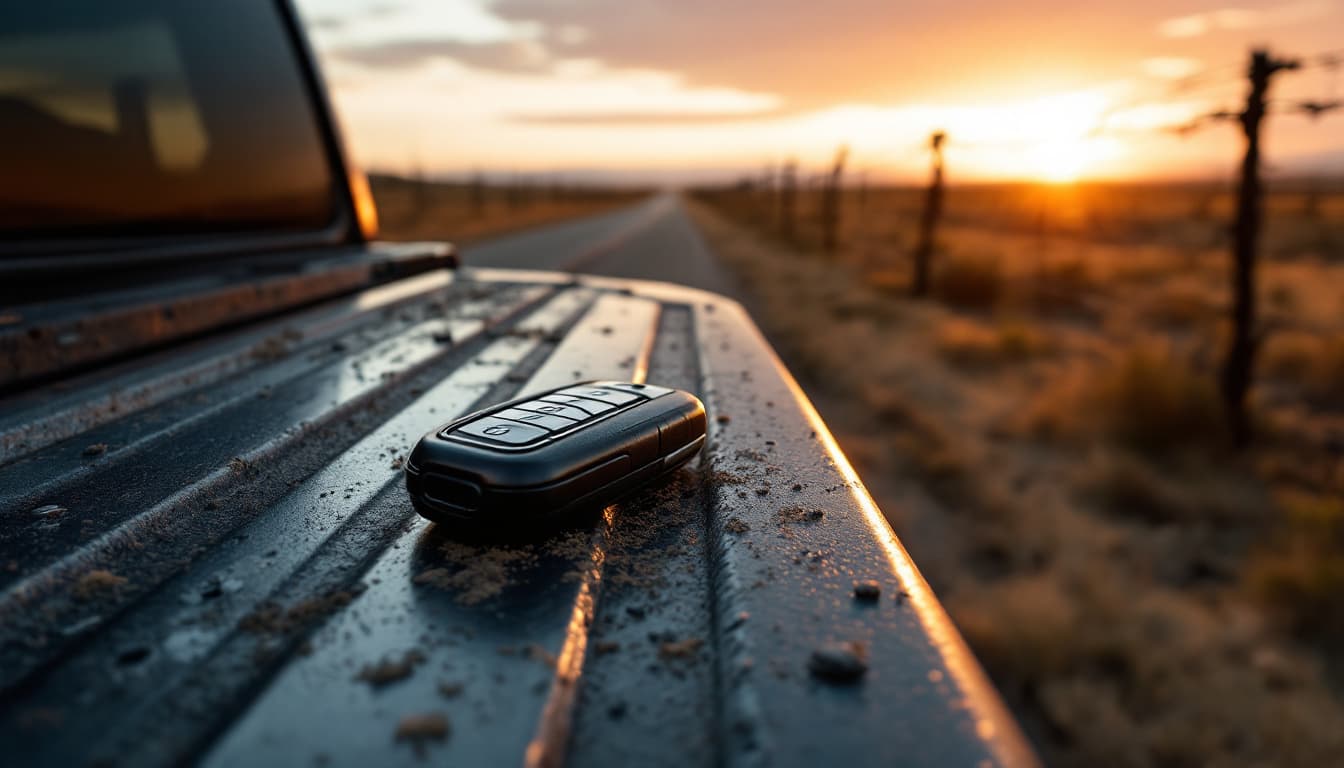 Truck key fob on the tailgate of a full-size pickup with a rural Texas fence line behind