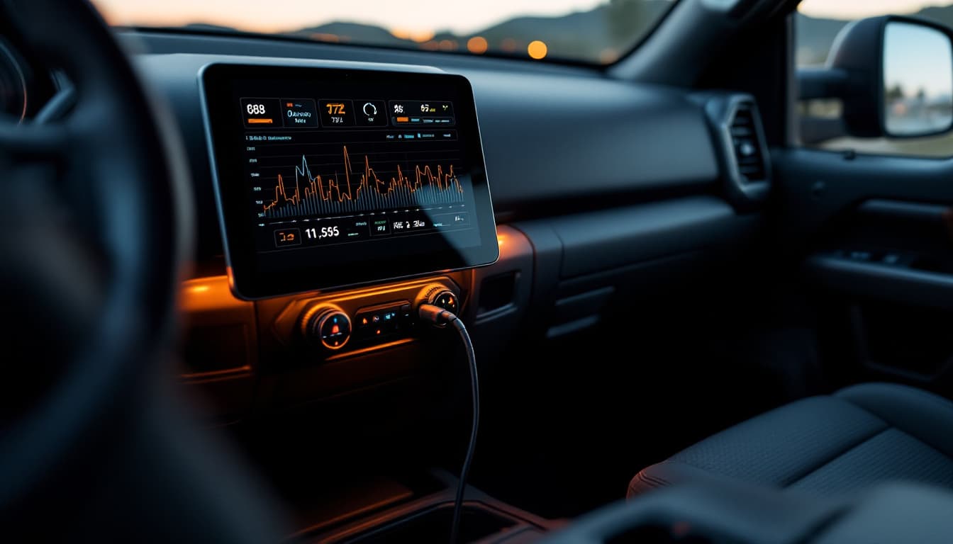 Diagnostic laptop connected to a full-size pickup truck parked on a rural Texas drive