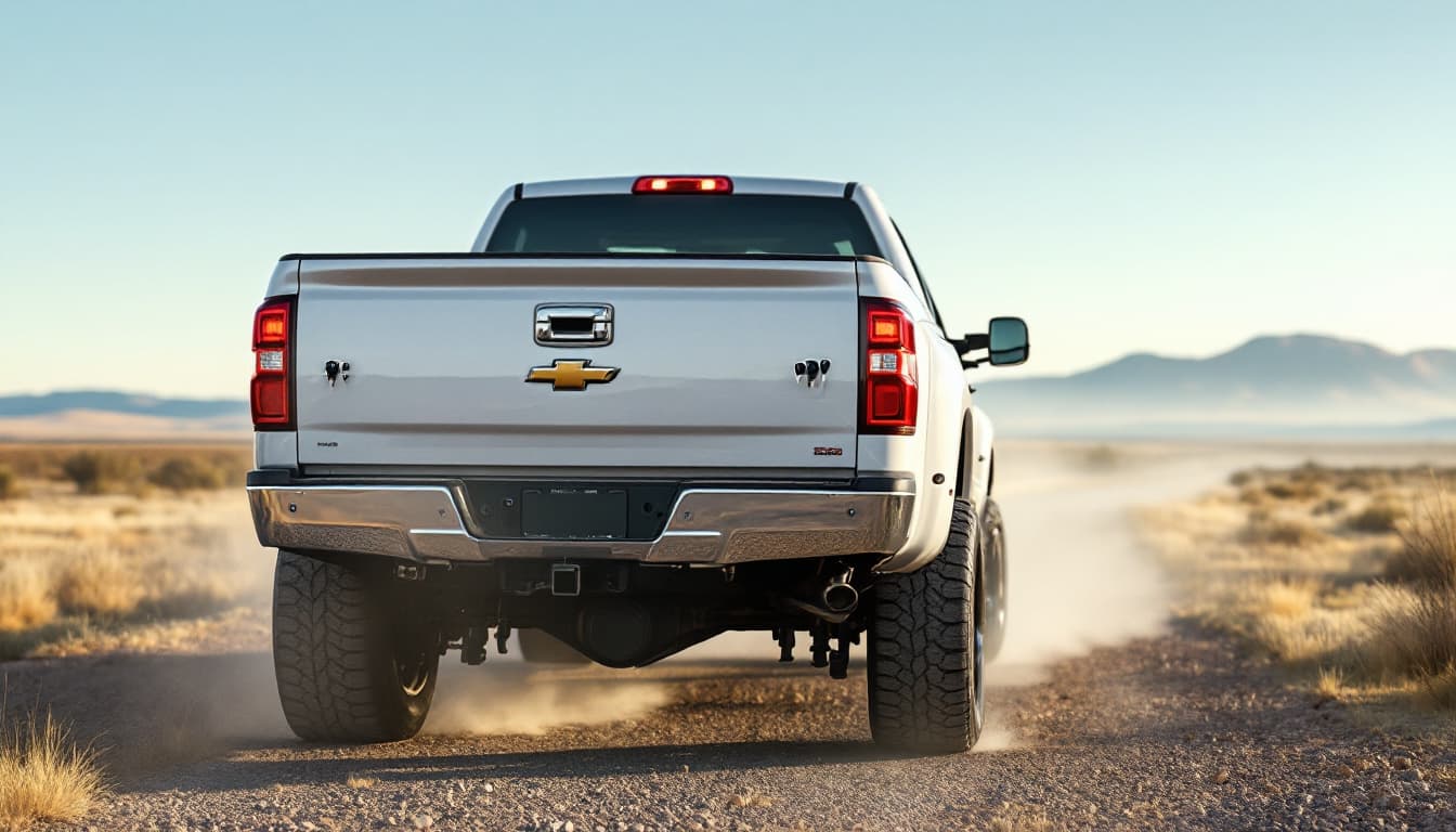 Heavy-duty white pickup on a gravel Texas ranch drive with two truck key fobs on the tailgate