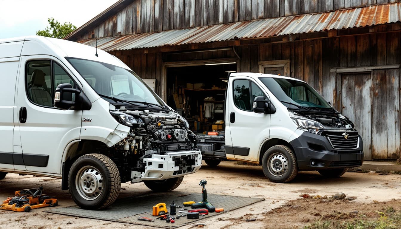 Small white cargo van parked outside a rural workshop with tools laid out on a fender mat