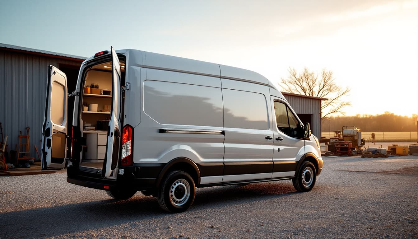White high-roof commercial cargo van parked outside a rural Texas contractor yard at golden hour