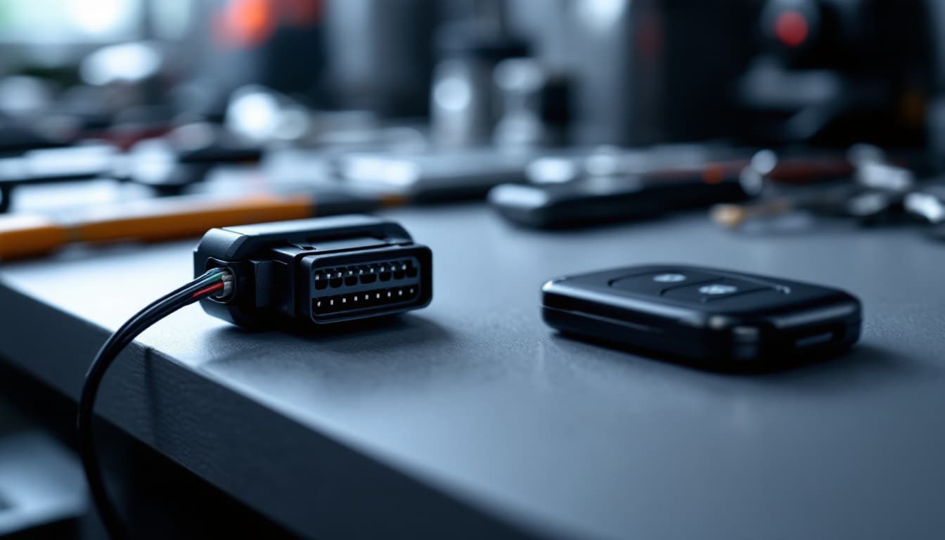 Small black automotive electronic module with a wiring connector resting on a workbench beside a proximity key fob