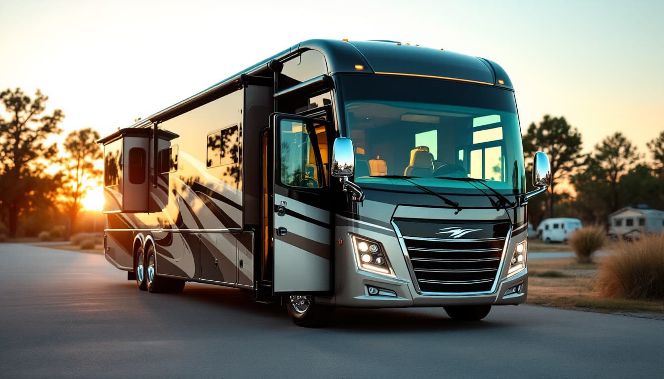 A large Class A motorhome parked at a Texas campground at golden hour with the driver door open