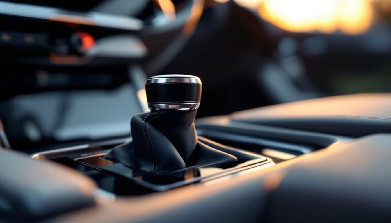 Close view of a vehicle center console gear selector resting in the park position with interior lighting on