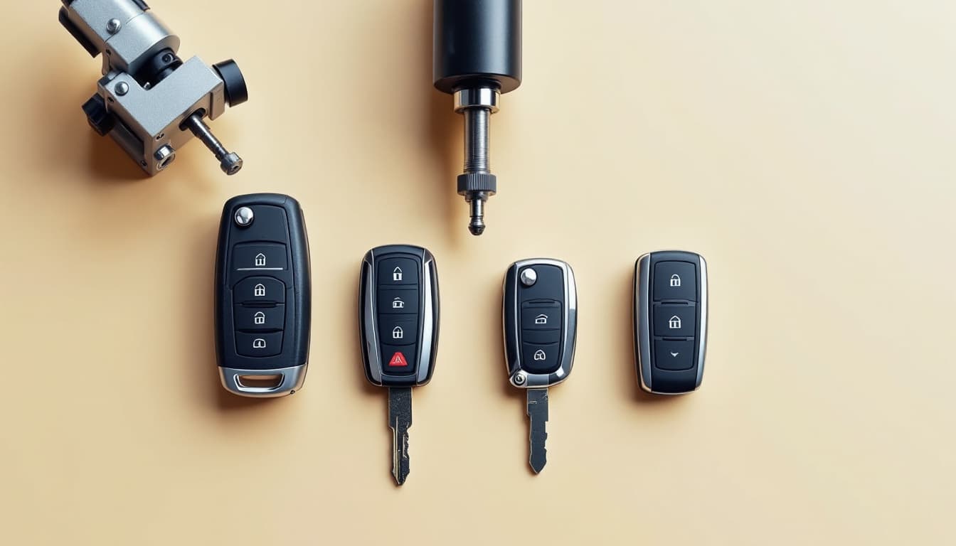 Two matching car keys and a spare fob laid side by side on a workbench