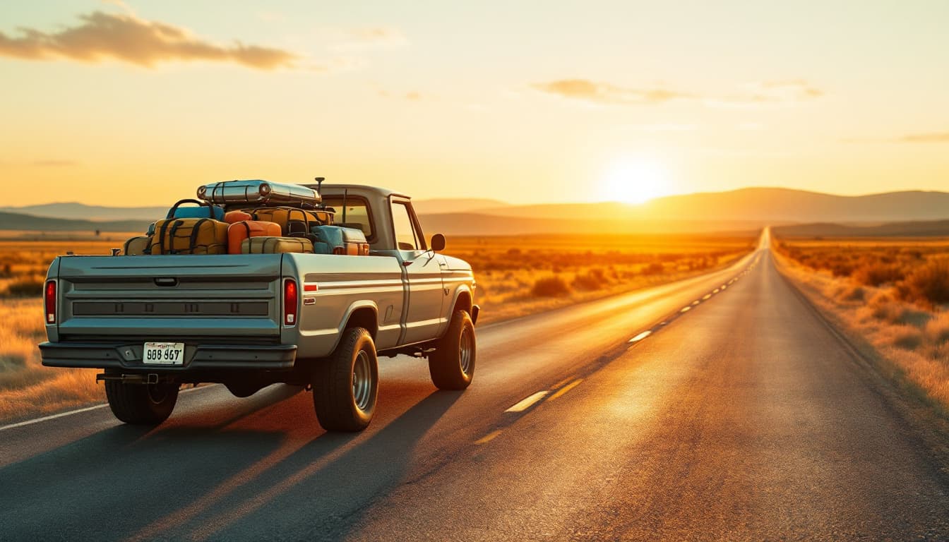 A classic pickup truck loaded for a road trip on an open Texas highway at sunrise