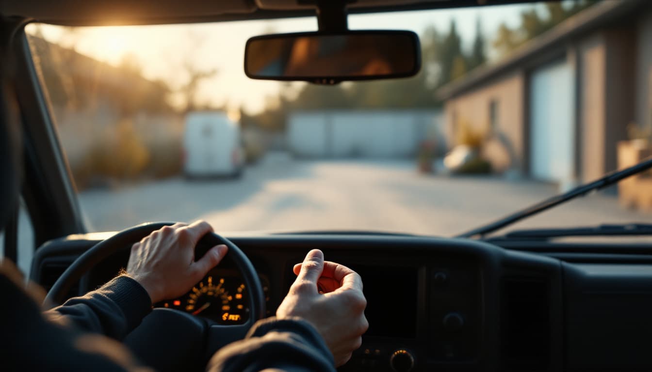 Hand turning a key in the ignition of a tall cargo van, seen from the driver seat with the instrument cluster softly lit