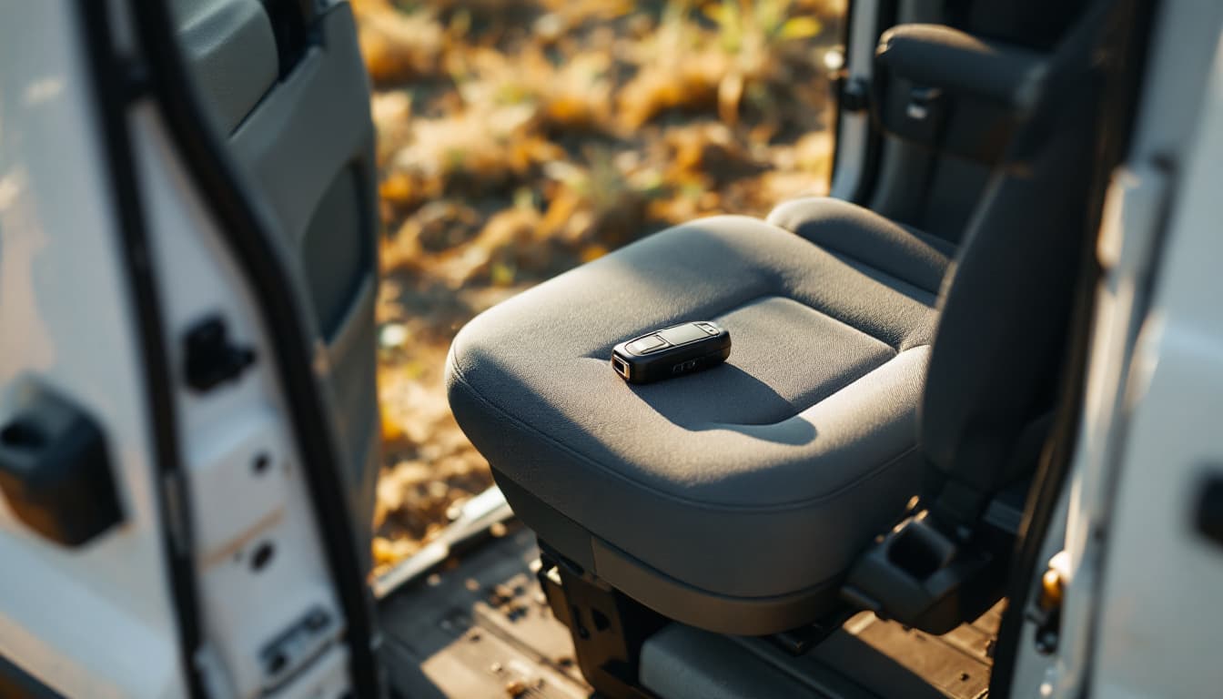Open driver doorway of a white high-roof commercial cargo van with a key fob lying on the grey cloth seat in late afternoon sun