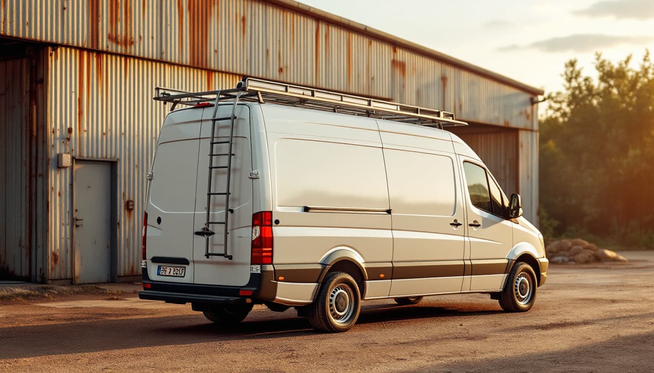 High-roof commercial cargo van parked beside a workshop on a rural North Texas property in late afternoon light