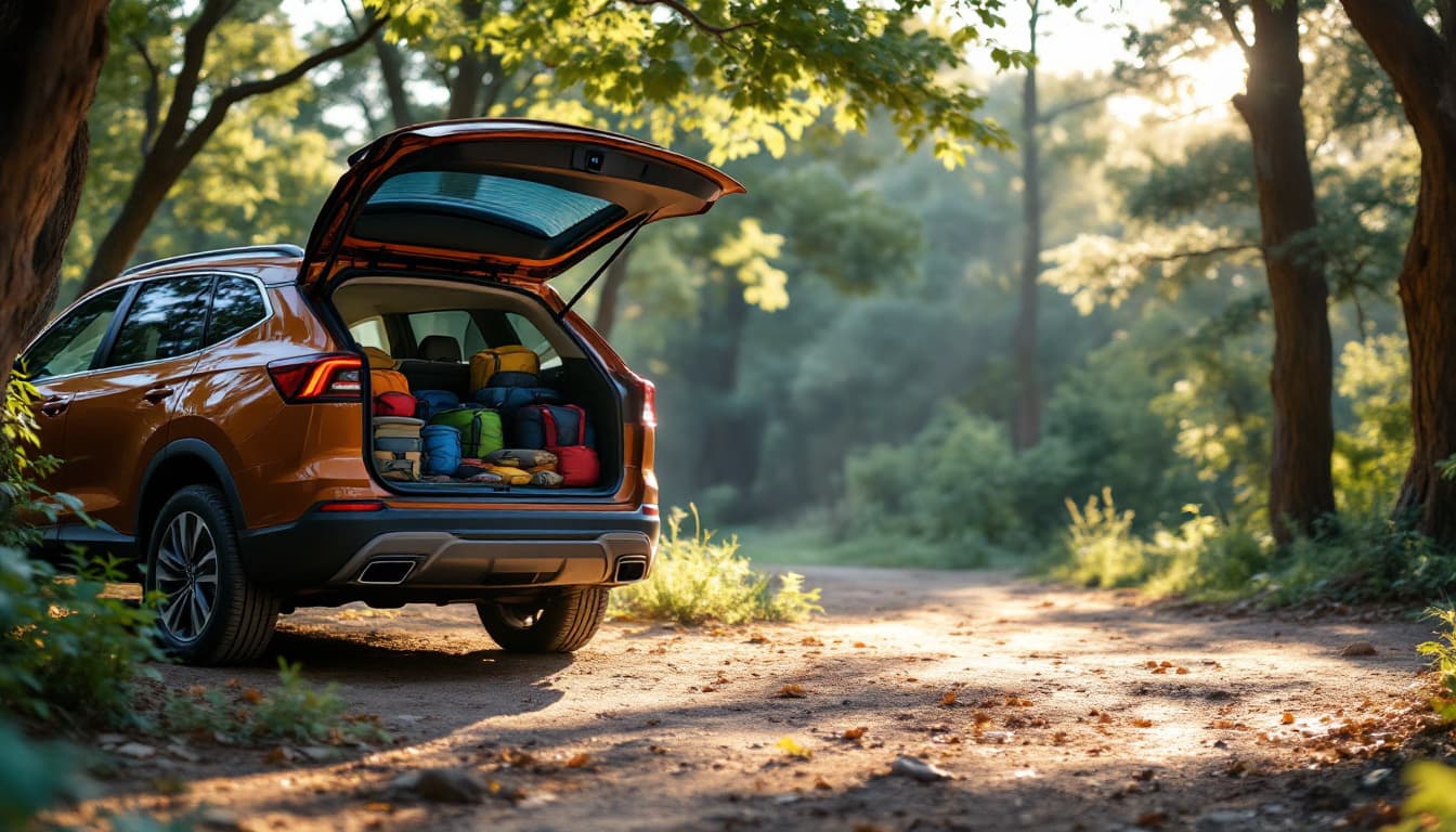 Three-row family SUV parked at a Texas trailhead with camping gear in the open rear hatch and a smart key fob on the bumper
