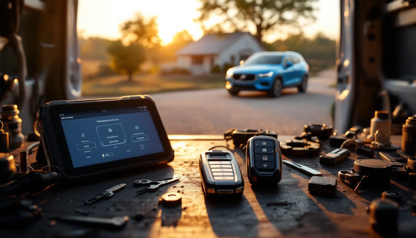 Subaru key fob on a workbench beside key programming equipment in a mobile locksmith van