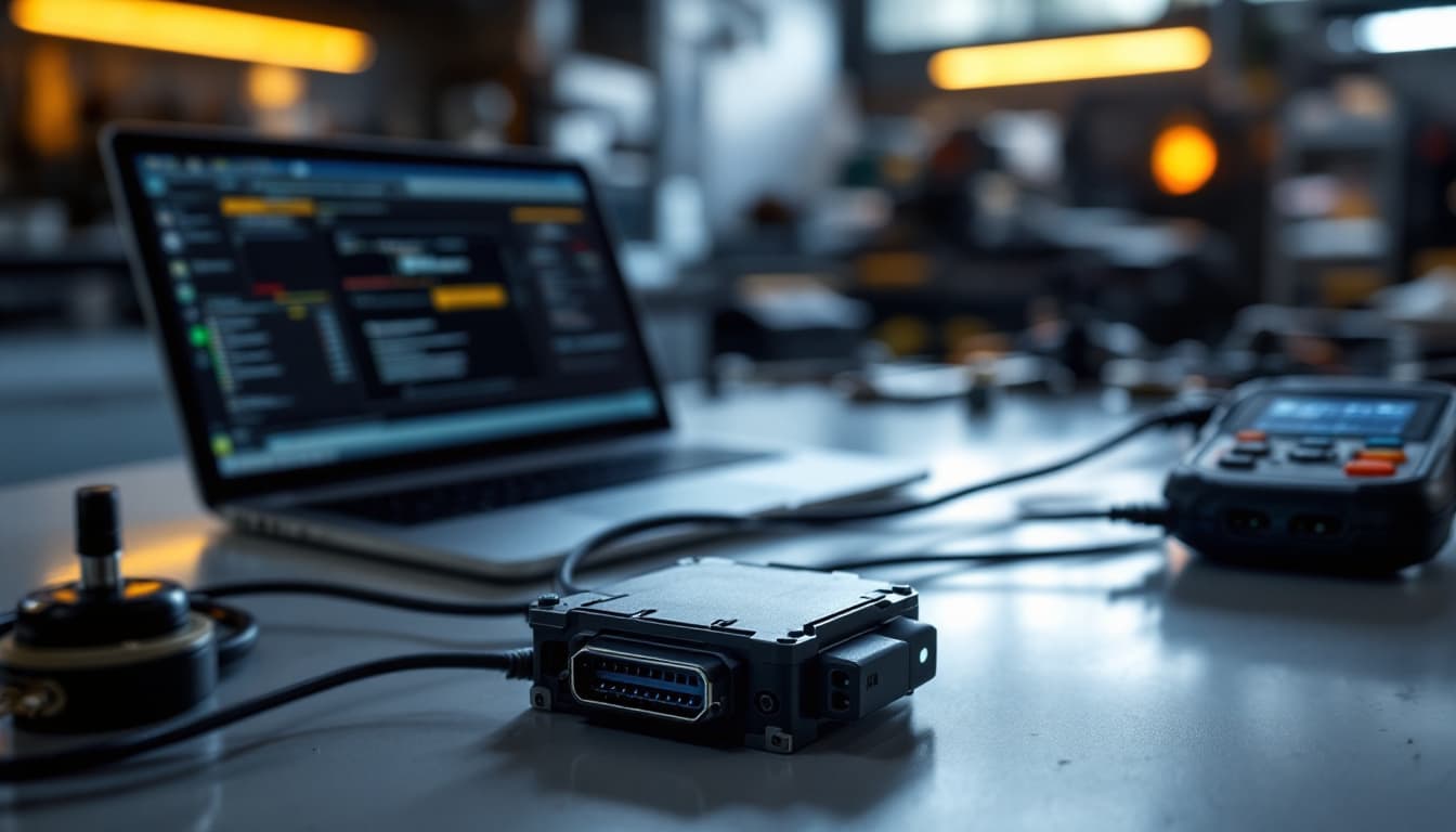 Diagnostic laptop and handheld scan tool cabled to a transmission control module sitting on a workshop bench under warm shop lighting