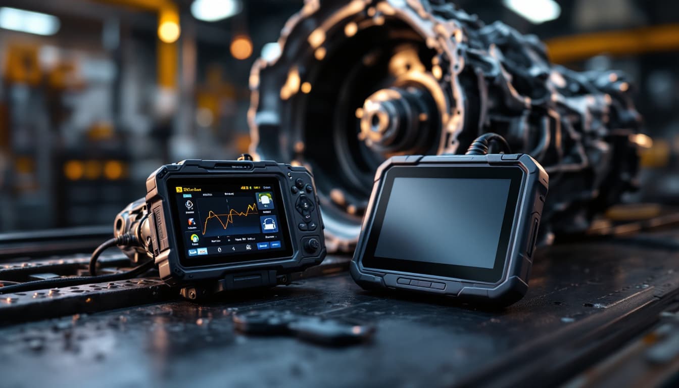 Transmission control module and diagnostic scan tool on a shop bench with a pickup truck in the background