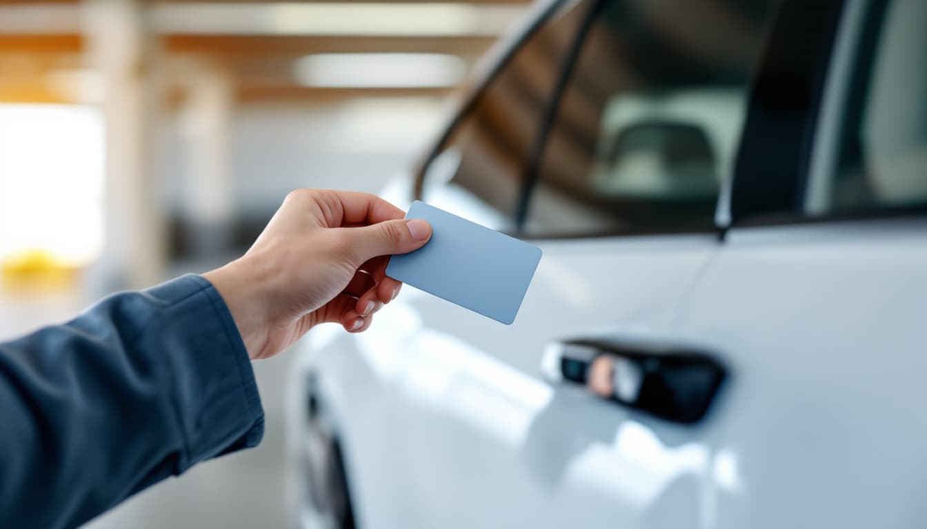 Thin plastic keycard held against the door pillar of a modern electric sedan in a clean parking garage