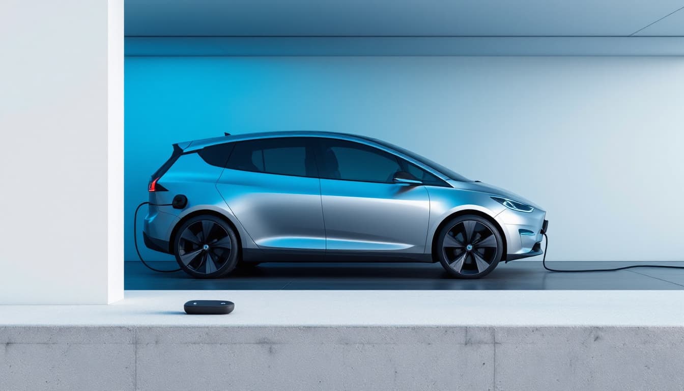 Electric sedan charging in a residential garage with a key fob resting on a concrete ledge