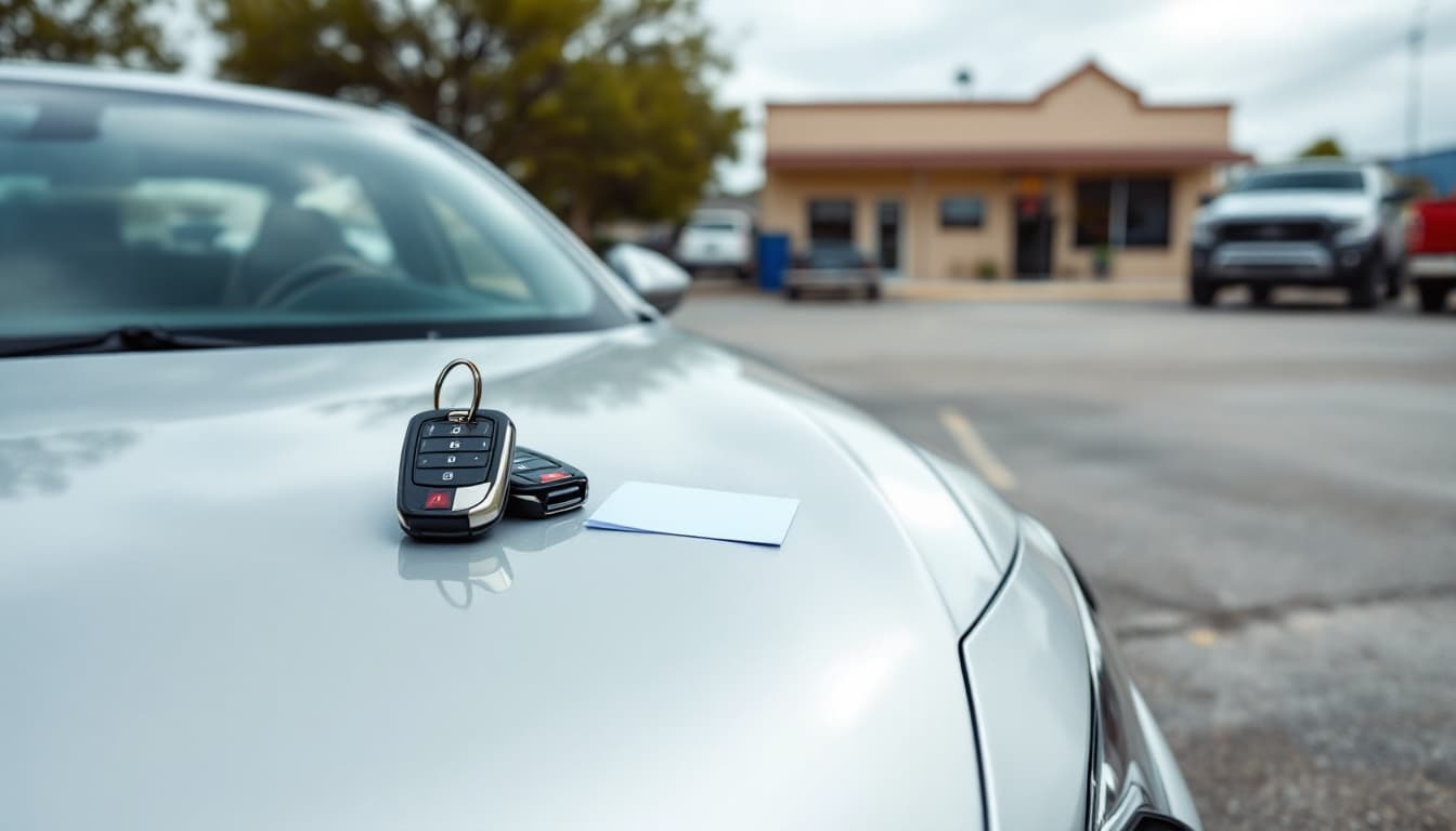Silver midsize sedan in a small-town Texas parking lot with a new transponder key on the hood