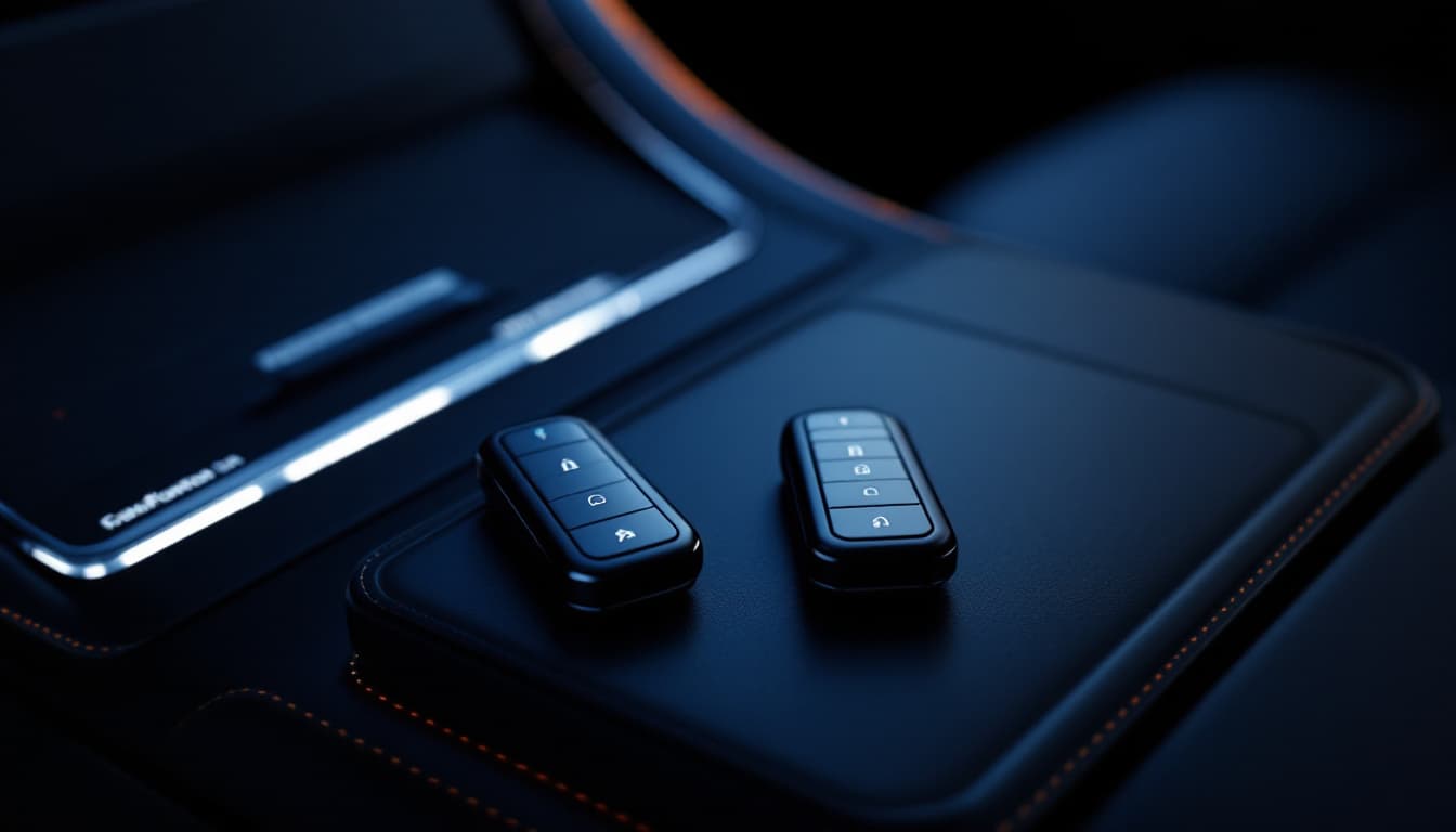 Toyota and Lexus smart key fobs on a car console next to a diagnostic programmer