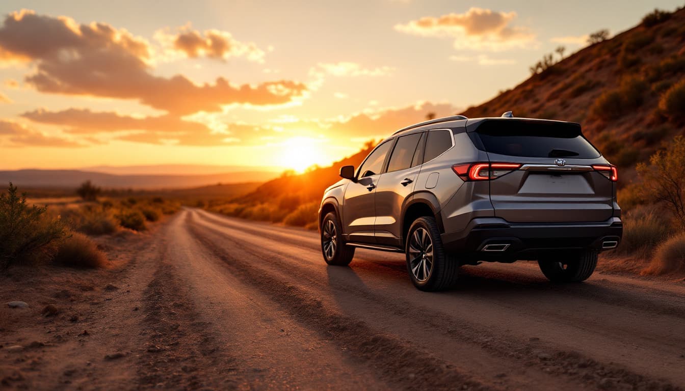 Large body-on-frame SUV parked on a rural Texas ranch road at sunset with a smart key fob on the running board
