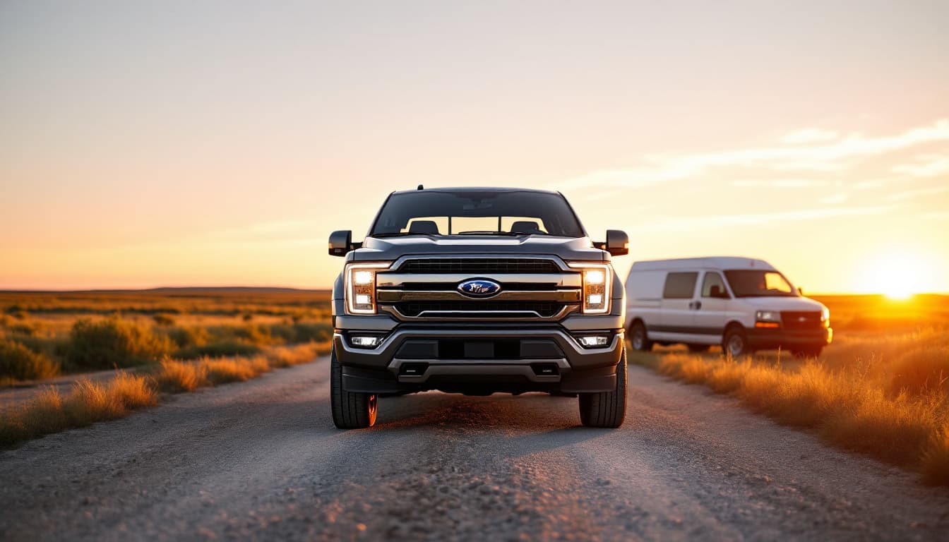 Mid-size pickup truck parked on a gravel ranch drive at golden hour in Parker County Texas