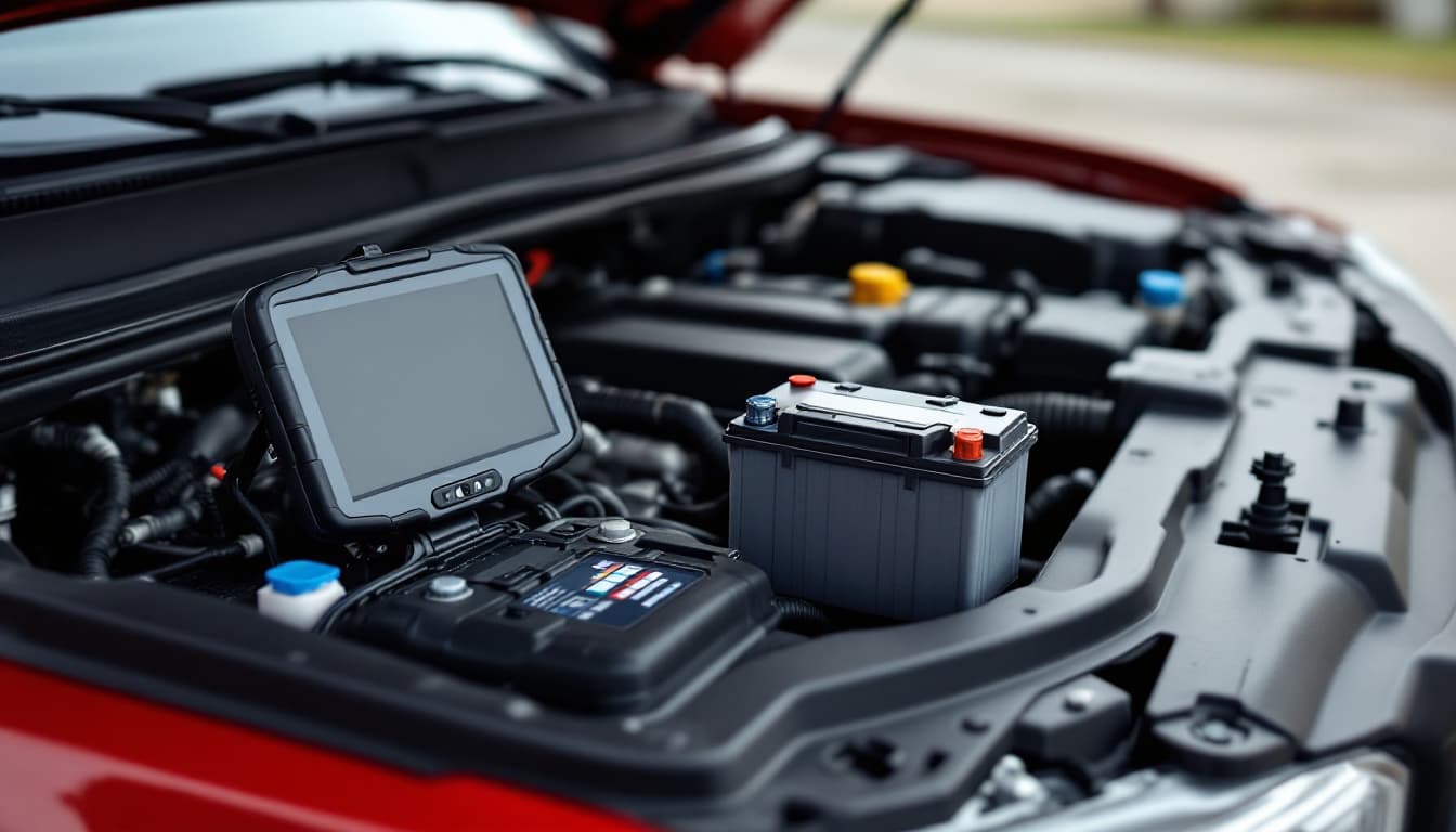 Open engine bay with a newly installed car battery and a handheld diagnostic scan tool resting beside it