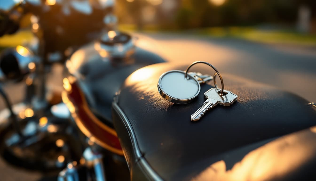 A single key resting on the seat of a used motorcycle in a driveway at golden hour