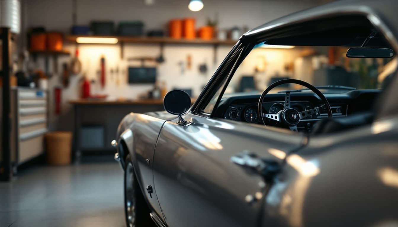 A classic American muscle car in a home garage, steering column and ignition switch in focus