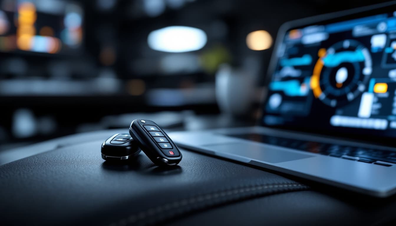 Volkswagen and Audi key fobs on a car console next to a laptop-based diagnostic tool