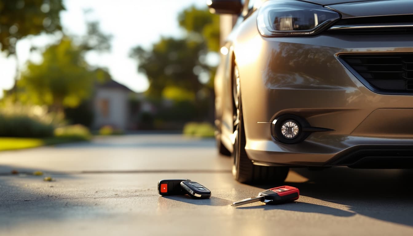 Compact European hot hatch parked on a clean concrete driveway with two flip-style key fobs resting on the front fender