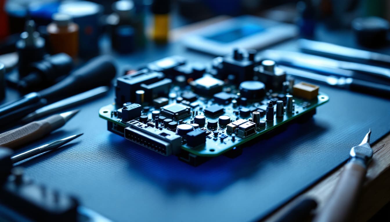 Electronic control module circuit board on an anti-static mat with fine tools in a workshop