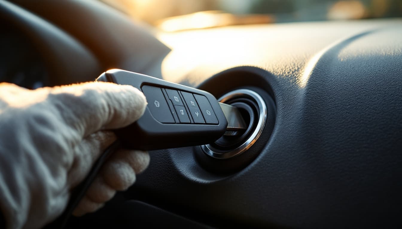 Gloved hand inserting a rectangular plastic key fob into a round ignition slot in a dashboard, lit by warm late-afternoon sun