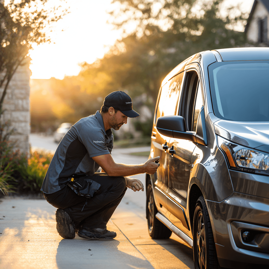 Mobile automotive locksmith replacing car keys at customer location in Annetta TX