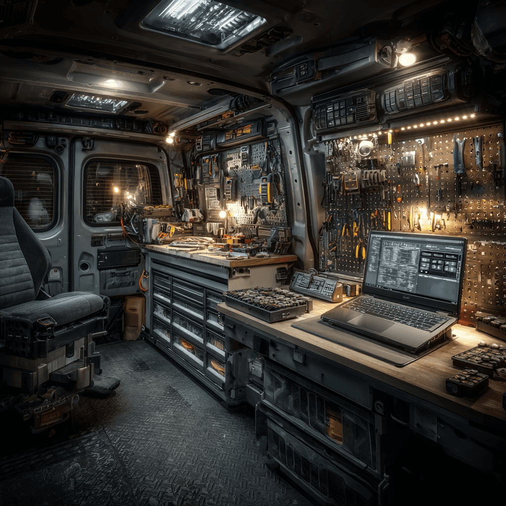 Inside mobile locksmith service van with professional tools and equipment in Annetta TX