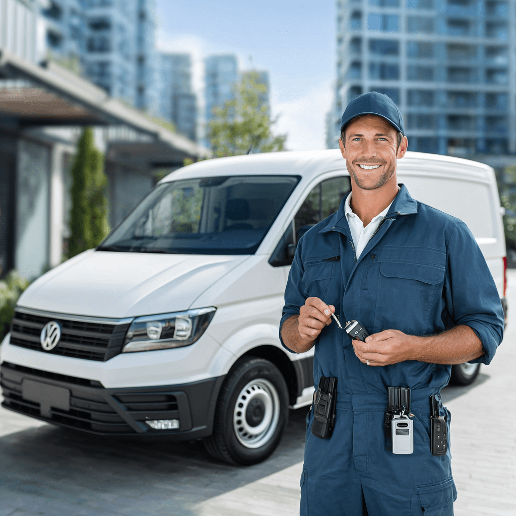 Locksmith technician with replacement car keys next to service van in Annetta TX